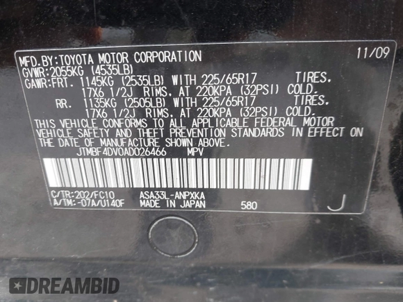 2010 Toyota RAV4 with VIN JTMBF4DV0AD026466, listed as a IAAI auction lot 41261535 with 167,435 mi miles. Bid and sale history available at carsss.com. Image 9.