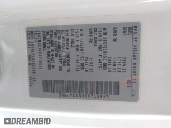 2019 Nissan NV200 SV with VIN 3N6CM0KN4KK710439, listed as a IAAI auction lot 42648330 with 33,060 mi miles and . Bid and sale history available at DreamBid. Image 9.