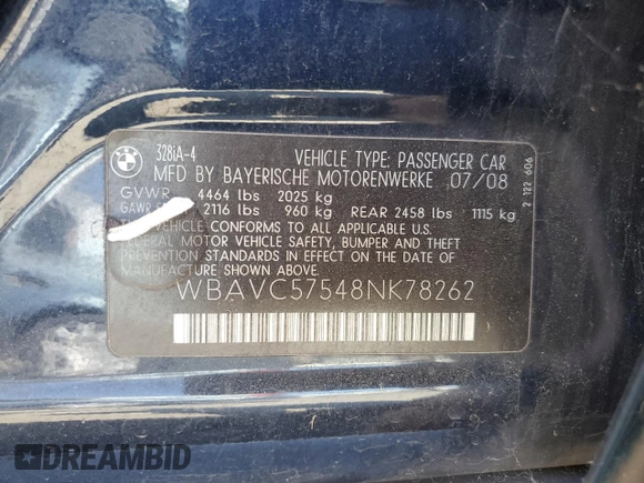 2008 BMW 3 Series 328i with VIN WBAVC57548NK78262, listed as a Copart auction lot 71132994 with 120,872 mi miles and Clean title. Bid and sale history available at DreamBid. Image 12.