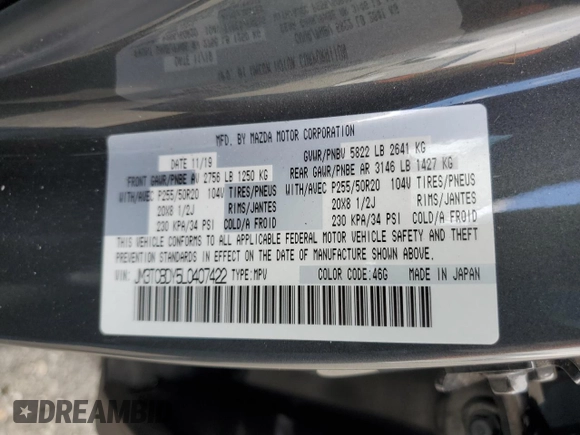 2020 Mazda CX-9 Grand Touring with VIN JM3TCBDY5L0407422, listed as a Copart auction lot 48975305 with 42,416 mi miles and Salvage Title. Bid and sale history available at carsss.com. Image 14.