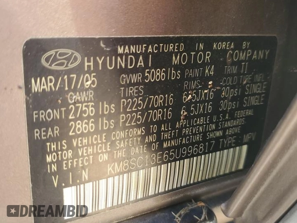 2005 Hyundai Santa Fe GLS with VIN KM8SC13E65U996817, listed as a Copart auction lot 73829854 with 51,637 mi miles and Non Repairable. Bid and sale history available at carsss.com. Image 14.