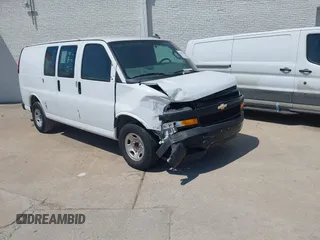 2019 Chevrolet Express Cargo Van with VIN 1GCWGAFP0K1163129, listed as a IAAI auction lot 41984551 with 50,069 mi miles. Bid and sale history available at carsss.com. Image 1.
