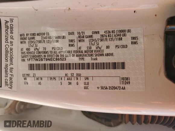 2022 Ford F-250 XL z VIN 1FT7W2BT9NEC86523, wystawiony jako Copart lot #62397394 z przebiegiem 36 965 mil mil oraz Szkoda całkowita • Salvage title. Historia ofert i sprzedaży dostępna na DreamBid. Obrazek 12.