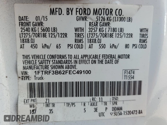 2015 Ford F-350 XL с VIN 1FTRF3B62FEC49100, выставлен на аукционе Copart как лот 64742425 с пробегом 153 317 миль миль и Чистый • Clean title. История ставок и продаж доступна на DreamBid. Изображение 12.