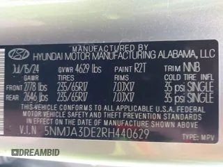 2024 Hyundai Tucson SE with VIN 5NMJA3DE2RH440629, listed as a IAAI auction lot 41535646 with 4,670 mi miles and . Bid and sale history available at DreamBid. Image 9.