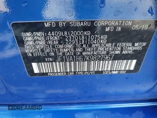 2019 Subaru WRX Limited with VIN JF1VA1H67K9827967, listed as a IAAI auction lot 41157368 with 49,306 mi miles. Bid and sale history available at carsss.com. Image 9.