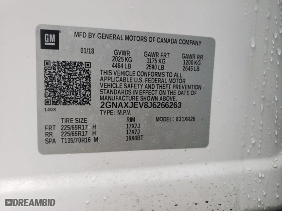 2018 Chevrolet Equinox LT with VIN 2GNAXJEV8J6266263, listed as a Copart auction lot 45038415 with 108,199 mi miles and Salvage Title. Bid and sale history available at carsss.com. Image 13.