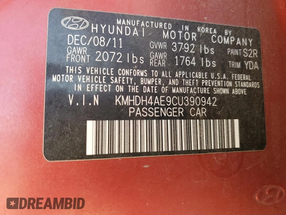 2012 Hyundai Elantra GLS z VIN KMHDH4AE9CU390942, wystawiony jako Copart lot #59723155 z przebiegiem 134 173 mil mil oraz Szkoda całkowita • Salvage title. Historia ofert i sprzedaży dostępna na DreamBid. Obrazek 13.