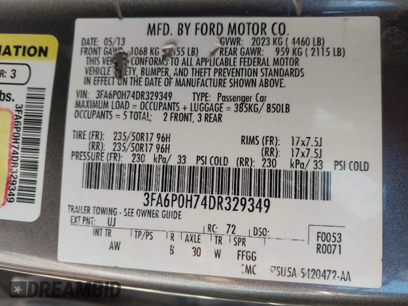 2013 Ford Fusion SE with VIN 3FA6P0H74DR329349, listed as a IAAI auction lot 41788971 with 249,603 mi miles. Bid and sale history available at carsss.com. Image 9.