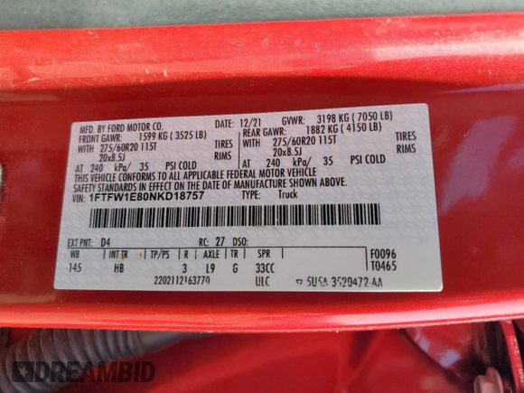 2022 Ford F-150 XL с VIN 1FTFW1E80NKD18757, выставлен на аукционе Copart как лот 61826985 с пробегом 31 107 миль миль и Списание • Salvage title. История ставок и продаж доступна на DreamBid. Изображение 12.