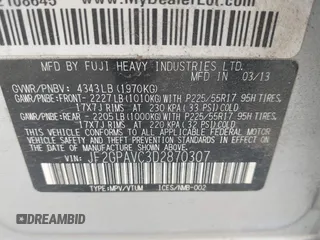 2013 Subaru Crosstrek Premium with VIN JF2GPAVC3D2870307, listed as a IAAI auction lot 42103284 with 166,085 mi miles and . Bid and sale history available at DreamBid. Image 9.
