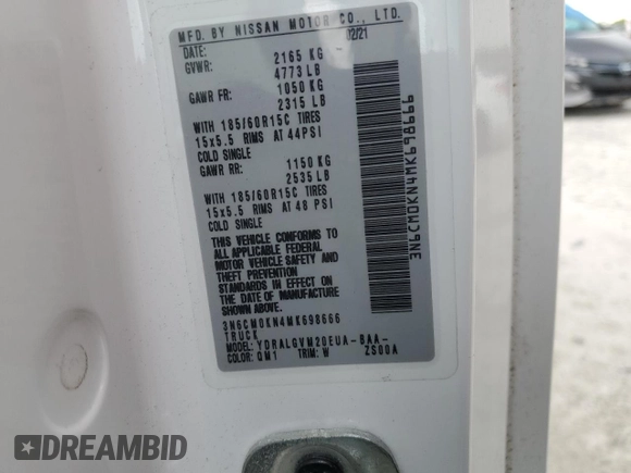 2021 Nissan NV200 SV with VIN 3N6CM0KN4MK698666, listed as a Copart auction lot 52192925 with 34,540 mi miles and Salvage title. Bid and sale history available at DreamBid. Image 13.