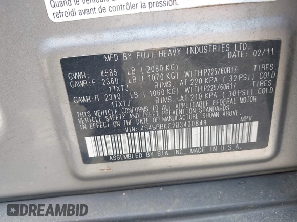 2011 Subaru Outback Limited Power Moon с VIN 4S4BRBKC2B3400849, выставлен на аукционе IAAI как лот 42257972 с пробегом 197 662 миль миль и . История ставок и продаж доступна на DreamBid. Изображение 9.