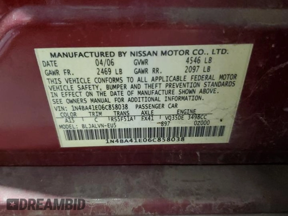 2006 Nissan Maxima SL with VIN 1N4BA41E06C858038, listed as a Copart auction lot 81987274 with 158,836 mi miles and Salvage title. Bid and sale history available at DreamBid. Image 12.