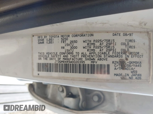 1998 Toyota 4Runner with VIN JT3GM84R5W0020395, listed as a IAAI auction lot 42053226 with 219,688 mi miles and . Bid and sale history available at DreamBid. Image 9.