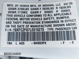2020 Honda Civic LX с VIN 19XFC2F67LE015275, выставлен на аукционе IAAI как лот 42199717 с пробегом 141 018 миль миль и . История ставок и продаж доступна на DreamBid. Изображение 9.