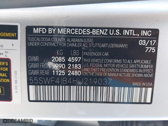 2017 Mercedes-Benz C-Class C 300 with VIN 55SWF4JB4HU219037, listed as a IAAI auction lot 41823696 with 77,577 mi miles. Bid and sale history available at carsss.com. Image 9.
