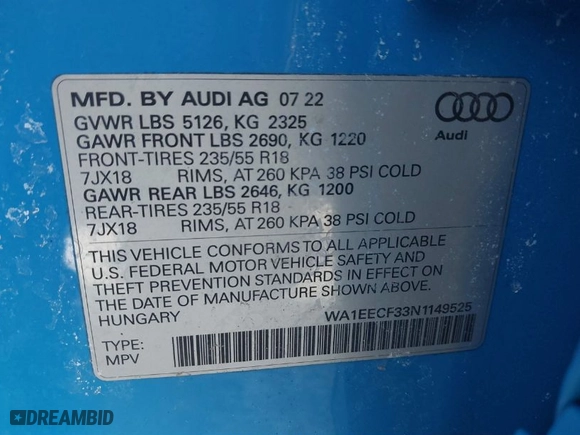 2022 Audi Q3 S line Premium Plus with VIN WA1EECF33N1149525, listed as a IAAI auction lot 41623465 with 76,971 mi miles. Bid and sale history available at carsss.com. Image 9.