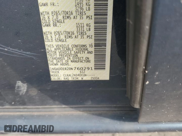 2013 Nissan Frontier SV with VIN 1N6AD0ER2DN760291, listed as a Copart auction lot 63029775 with 172,669 mi miles and Salvage title. Bid and sale history available at DreamBid. Image 12.