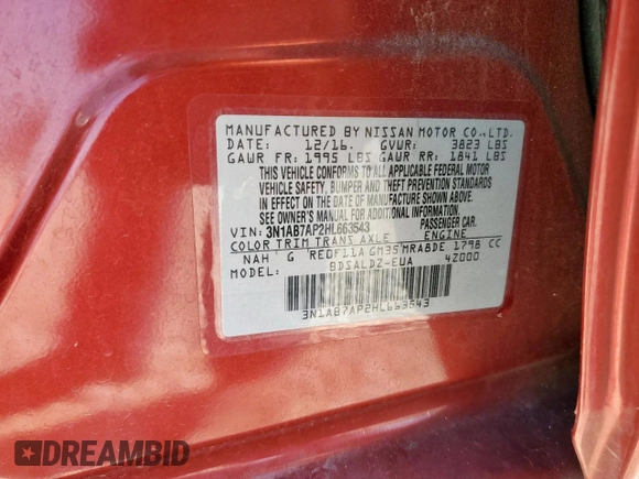 2017 Nissan Sentra SV with VIN 3N1AB7AP2HL663543, listed as a Copart auction lot 60820755 with 112,747 mi miles and Salvage title. Bid and sale history available at DreamBid. Image 13.