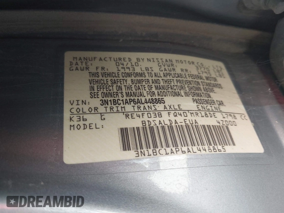 2010 Nissan Versa S with VIN 3N1BC1AP6AL448865, listed as a IAAI auction lot 42708887 with 155,381 mi miles and . Bid and sale history available at DreamBid. Image 9.