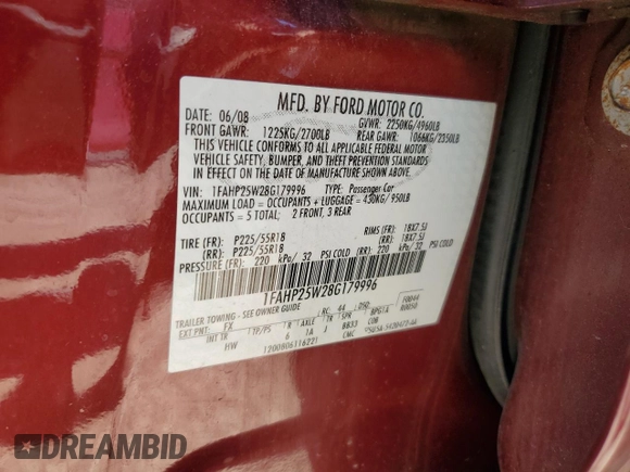 2008 Ford Taurus Limited with VIN 1FAHP25W28G179996, listed as a Copart auction lot 75977554 with 93,077 mi miles and Salvage Title. Bid and sale history available at carsss.com. Image 12.