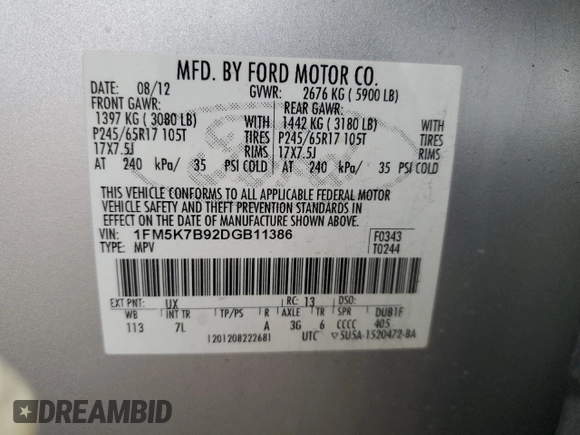 2013 Ford Explorer with VIN 1FM5K7B92DGB11386, listed as a Copart auction lot 87218764 with 160,059 mi miles and Salvage title. Bid and sale history available at DreamBid. Image 13.
