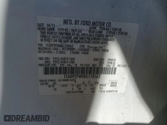 2011 Ford Taurus Limited with VIN 1FAHP2FW0BG178562, listed as a Copart auction lot 48465795 with 212,729 mi miles and Salvage title. Bid and sale history available at DreamBid. Image 13.