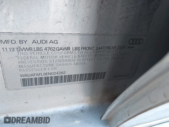 2014 Audi A4 Premium with VIN WAUAFAFL9EN024282, listed as a IAAI auction lot 41653451 with 120,142 mi miles. Bid and sale history available at carsss.com. Image 9.