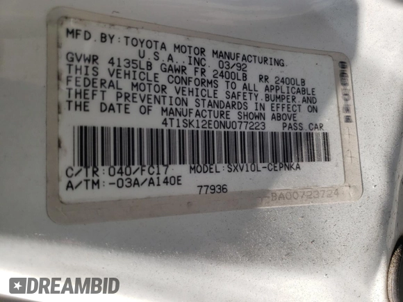 1992 Toyota Camry LE with VIN 4T1SK12E0NU077223, listed as a Copart auction lot 71787194 with 239,027 mi miles and Salvage Title. Bid and sale history available at carsss.com. Image 12.