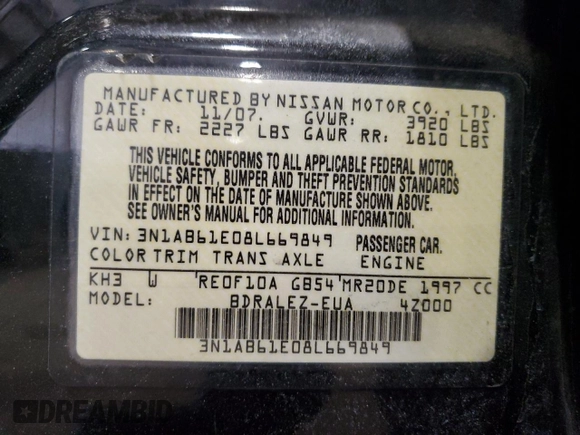 2008 Nissan Sentra S with VIN 3N1AB61E08L669849, listed as a Copart auction lot 43179785 with Not Provided miles and Salvage Title. Bid and sale history available at DreamBid. Image 12.