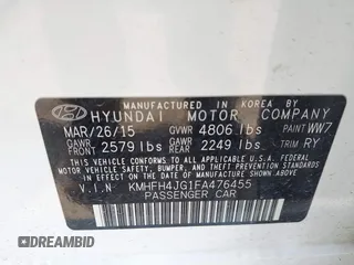 2015 Hyundai Azera Limited with VIN KMHFH4JG1FA476455, listed as a IAAI auction lot 42407261 with 110,293 mi miles and . Bid and sale history available at DreamBid. Image 9.