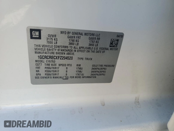 2015 Chevrolet Silverado 1500 LT with VIN 1GCRCRECXFZ294520, listed as a Copart auction lot 76730494 with 177,860 mi miles and Clean Title. Bid and sale history available at DreamBid. Image 12.