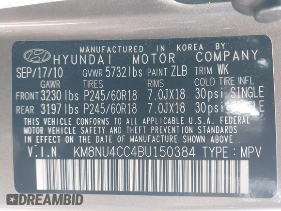2011 Hyundai Veracruz Limited with VIN KM8NU4CC4BU150384, listed as a IAAI auction lot 42300346 with 156,864 mi miles and . Bid and sale history available at DreamBid. Image 9.