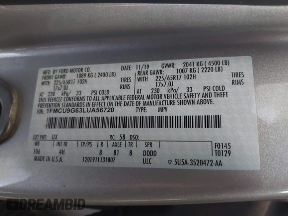 2020 Ford Escape SE с VIN 1FMCU9G63LUA56720, выставлен на аукционе IAAI как лот 42199549 с пробегом 57 944 миль миль и . История ставок и продаж доступна на DreamBid. Изображение 9.