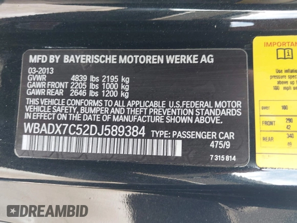 2013 BMW 3 Series 335i with VIN WBADX7C52DJ589384, listed as a IAAI auction lot 42453370 with 58,821 mi miles and . Bid and sale history available at DreamBid. Image 9.