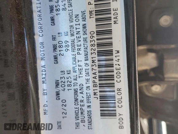 2021 Mazda 3 2.0 with VIN JM1BPAA73M1328390, listed as a Copart auction lot 44385695 with 58,467 mi miles and Salvage Title. Bid and sale history available at DreamBid. Image 12.