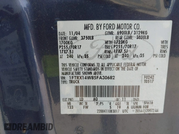 2005 Ford F-150 STX with VIN 1FTRX14W85FA30682, listed as a IAAI auction lot 42363264 with 186,652 mi miles and . Bid and sale history available at DreamBid. Image 9.