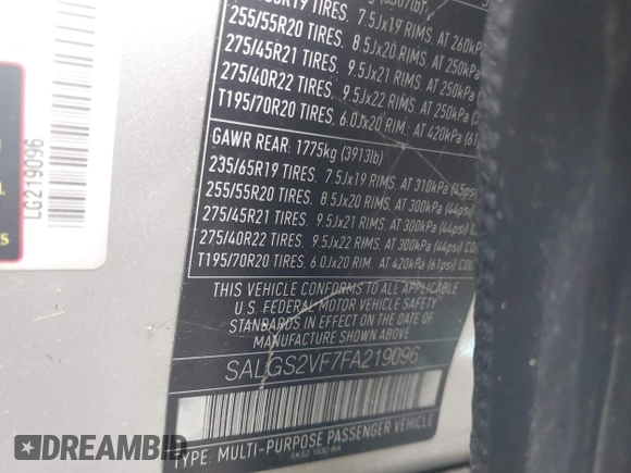 2015 Land Rover Range Rover HSE with VIN SALGS2VF7FA219096, listed as a IAAI auction lot 39996885 with 81,802 mi miles and . Bid and sale history available at DreamBid. Image 9.