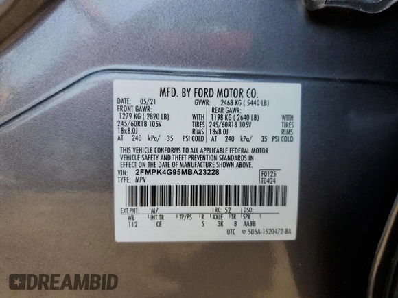 2021 Ford Edge SE with VIN 2FMPK4G95MBA23228, listed as a Copart auction lot 59971865 with 80,649 mi miles and Clean title. Bid and sale history available at DreamBid. Image 12.