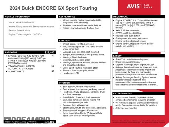 2024 Buick Encore GX Sport Touring с VIN KL4AMESL5RB097673, выставлен на аукционе Copart как лот 54846895 с пробегом 24 731 миль миль и Списание • Salvage title. История ставок и продаж доступна на DreamBid. Изображение 12.