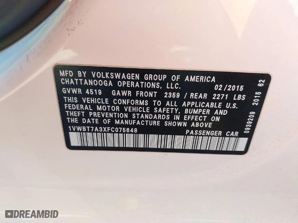 2015 Volkswagen Passat 1.8T SE w/Sunroof & Nav with VIN 1VWBT7A3XFC075648, listed as a IAAI auction lot 40808040 with 189,620 mi miles. Bid and sale history available at carsss.com. Image 9.