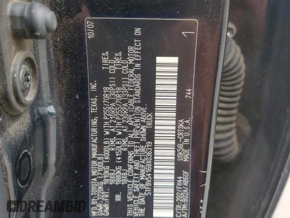 2008 Toyota Tundra z VIN 5TFBV54168X036319, wystawiony jako Copart lot #54313125 z przebiegiem 208 625 mil mil oraz Szkoda całkowita • Salvage title. Historia ofert i sprzedaży dostępna na DreamBid. Obrazek 12.