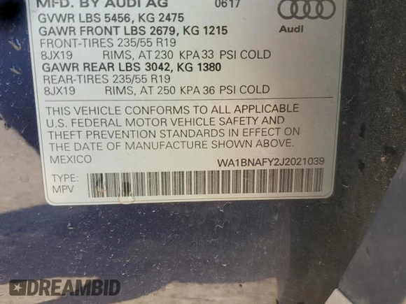 2018 Audi Q5 Premium Plus with VIN WA1BNAFY2J2021039, listed as a Copart auction lot 59170795 with 64,539 mi miles and Salvage title. Bid and sale history available at DreamBid. Image 12.