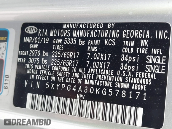 2019 Kia Sorento L with VIN 5XYPG4A30KG578171, listed as a IAAI auction lot 41875653 with 113,762 mi miles. Bid and sale history available at carsss.com. Image 9.