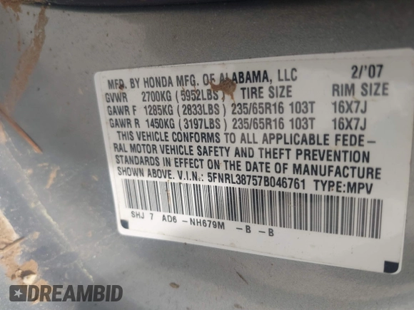 2007 Honda Odyssey EX-L z VIN 5FNRL38757B046761, wystawiony jako IAAI lot #41943033 z przebiegiem 309 270 mil mil oraz . Historia ofert i sprzedaży dostępna na DreamBid. Obrazek 9.