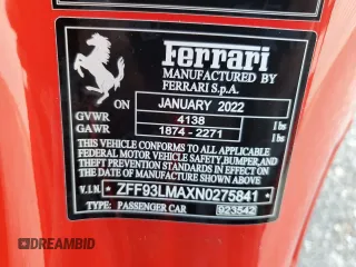 2022 Ferrari F8 с VIN ZFF93LMAXN0275841, выставлен на аукционе Copart как лот 73758724 с пробегом Не указан миль и Списание • Salvage title. История ставок и продаж доступна на DreamBid. Изображение 12.