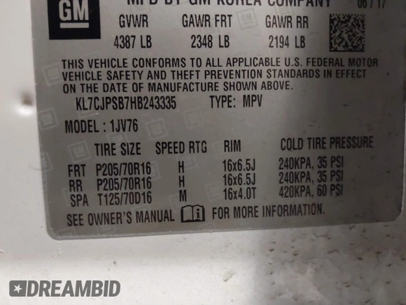 2017 Chevrolet Trax LT with VIN KL7CJPSB7HB243335, listed as a IAAI auction lot 41705724 with 85,309 mi miles. Bid and sale history available at carsss.com. Image 9.