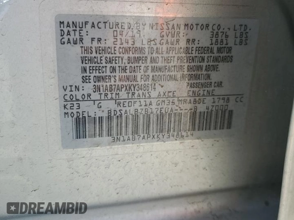 2019 Nissan Sentra S with VIN 3N1AB7APXKY348614, listed as a Copart auction lot 61329885 with 81,789 mi miles and Salvage title. Bid and sale history available at DreamBid. Image 13.
