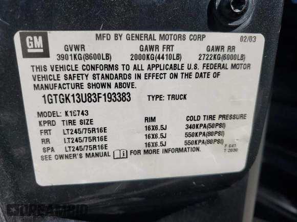 2003 GMC Sierra 1500HD SLT z VIN 1GTGK13U83F193383, wystawiony jako Copart lot #48501345 z przebiegiem 182 639 mil mil oraz Szkoda całkowita • Salvage title. Historia ofert i sprzedaży dostępna na DreamBid. Obrazek 12.